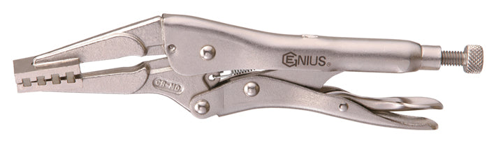 A 7-inch chrome-plated locking hose clamp plier with a waffle iron design for securely grabbing and locking the clamp in place.