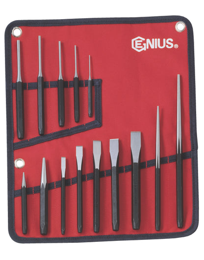 14 piece punch and chisel set by Genius Tools, displayed in an open red and black case, with chisels and punches organized in slots.