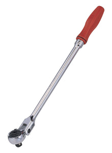 A 1/2 inch drive, 72 tooth mechanism flex head ratchet with a red plastic grip and silver metallic body, length 650mm.  From Genius Tools