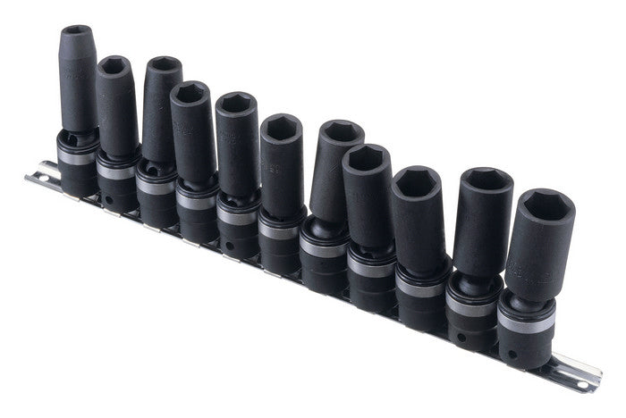 Genius Tools TG-411MD 11 piece 1/2 inch drive deep swivel impact socket set with integrated universal joints and 97mm long metric sockets