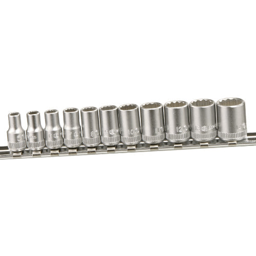Genius Tools 1/4 drive 12 point chrome socket set on a socket rail.