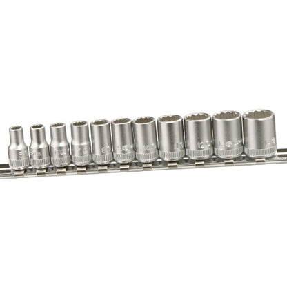 Genius Tools 1/4 drive 12 point chrome socket set on a socket rail.