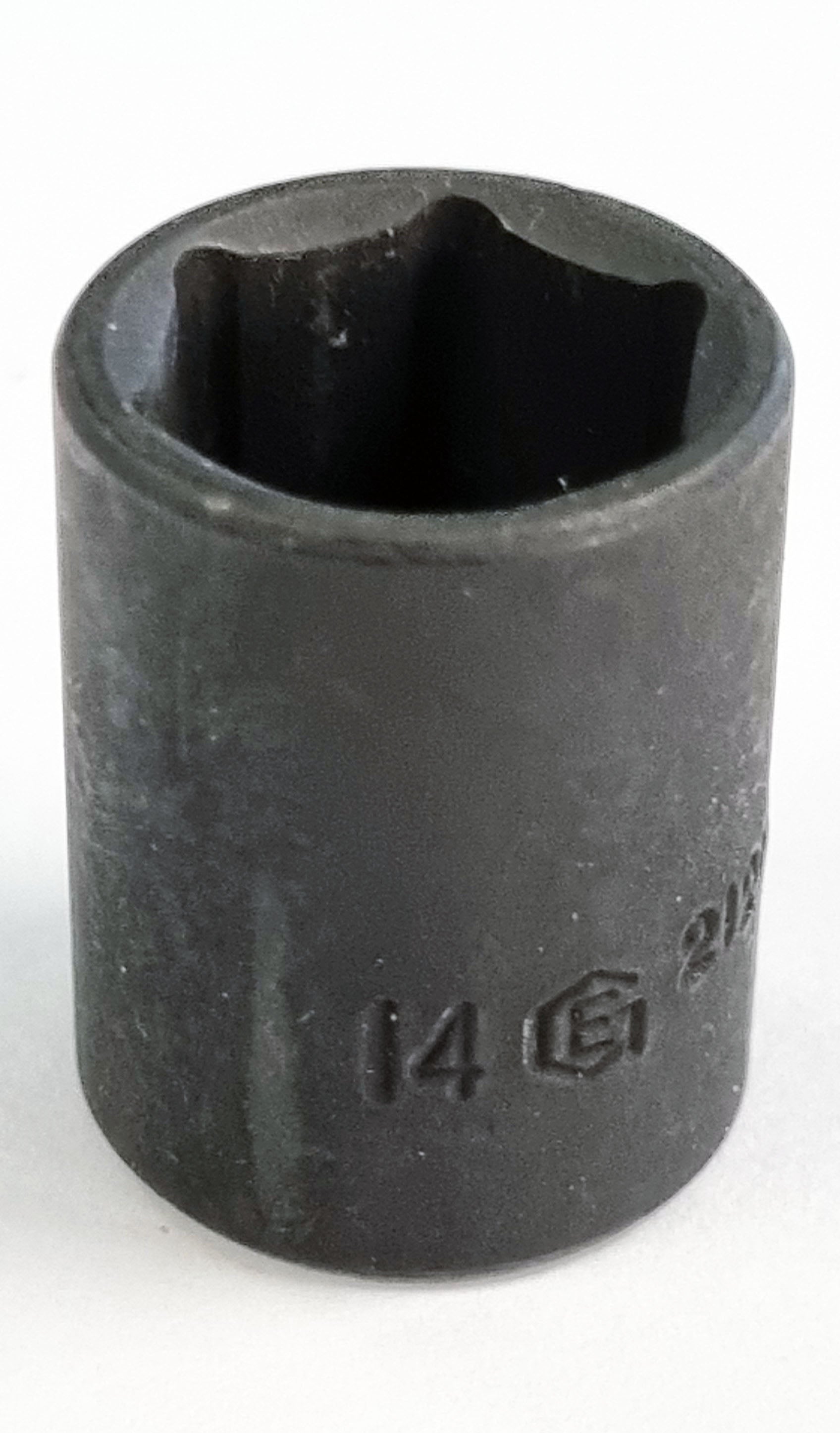 Genius Tools 1/4 inch standard depth 14mm hexagon impact socket made from chrome vanadium steel.