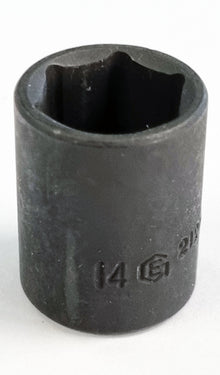 Genius Tools 1/4 inch standard depth 14mm hexagon impact socket made from chrome vanadium steel.