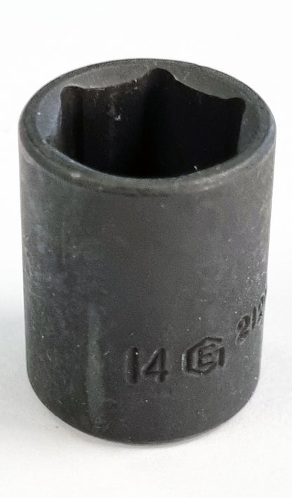Genius Tools 1/4 inch standard depth 14mm hexagon impact socket made from chrome vanadium steel.