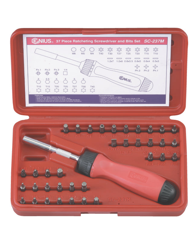 Ratchet screwdriver set by Genius Tools, displayed in an open red blowcase with a ratcheting screwdriver and various assortment of bits including slotted, phillips, pozidriv, hex, torx, and spline.