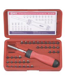 Ratchet screwdriver set by Genius Tools, displayed in an open red blowcase with a ratcheting screwdriver and various assortment of bits including slotted, phillips, pozidriv, hex, torx, and spline.