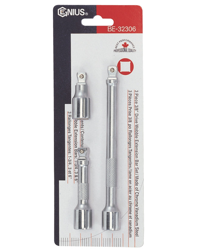 3 piece wobble extension bar set containing sizes 45mm, 75mm, 150mm from Genius Tools.