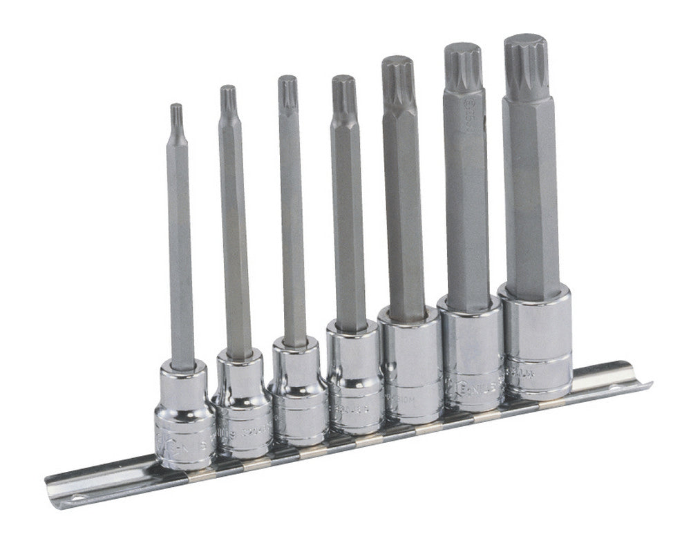 Genius Tools 3/8 drive long length triple square bit sockets M4 to M14 on a rail