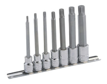 Genius Tools 3/8 drive long length triple square bit sockets M4 to M14 on a rail
