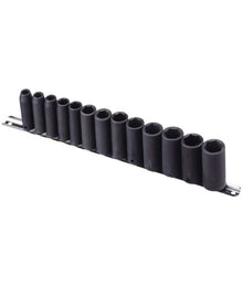 Genius Tools 3/8" drive 13 piece Deep AF Imperial impact socket set supplied on socket tool rail, covers sizes 5/16" to 7/8".