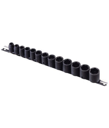 A 13 piece set of 3/8" drive hexagon profile AF impact sockets covering imperial sizes  5/16" to 7/8", from Genius Tools.  Supplied on a metal tool rail for storage.