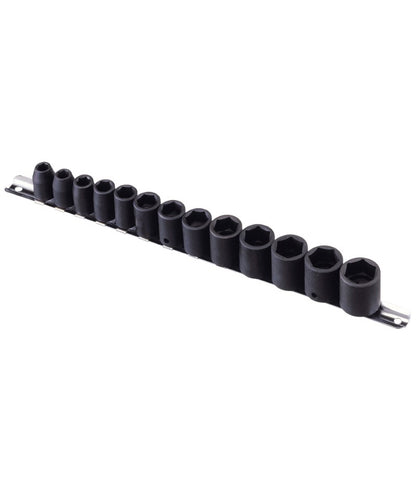 A 13 piece set of 3/8" drive hexagon profile AF impact sockets covering imperial sizes  5/16" to 7/8", from Genius Tools.  Supplied on a metal tool rail for storage.