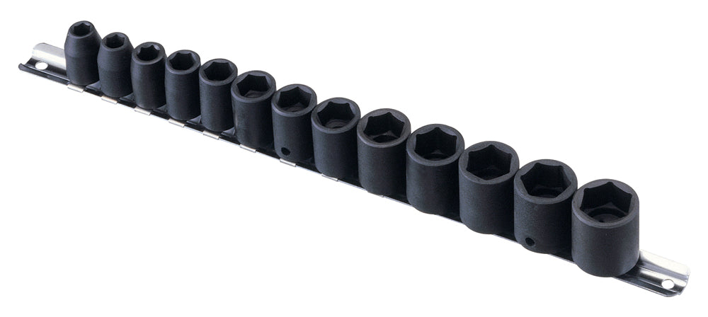 Genius Tools 3/8" drive 13 piece AF hexagon profile impact socket set supplied on metal tool rail.  Covers imperial sizes 5/16" to 7/8".