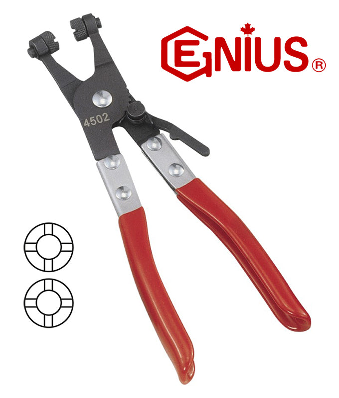 Pair of Genius Tools heater hose clamp piers with red handles along with image showing clamp tip style of tip ends.