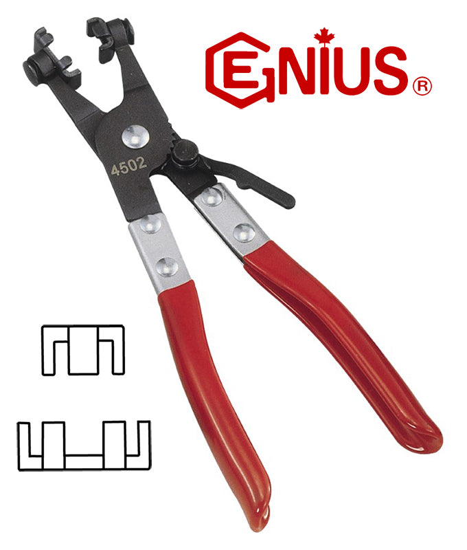 Genius Tools flat band heater hose clamp tool along with image to show type of heater clamp ends model can be used on.