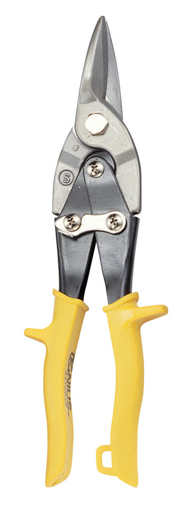 Genius straight cut metal aviation snips, with straight tips and yellow colour coded handles.