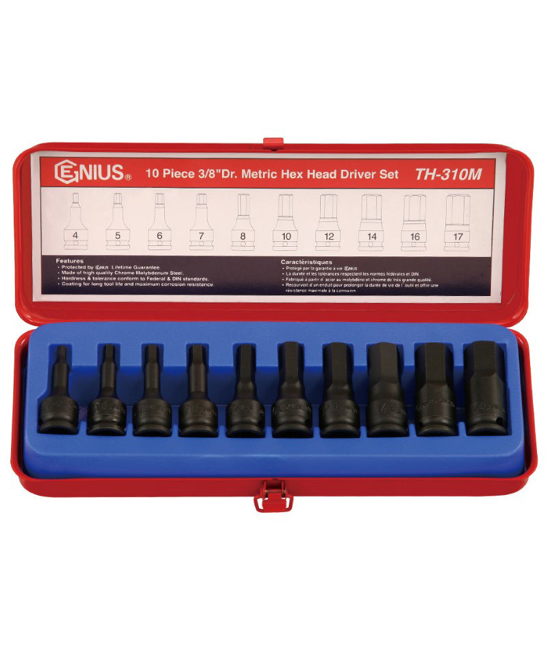 10-piece 3/8" Drive Metric Hex Head Driver Set in red and blue case with Genius branding.