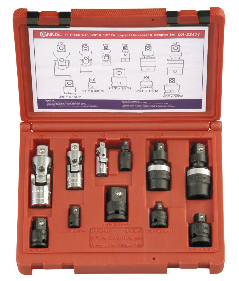 Genius Tools 11 piece impact adapter and universal joint set in case