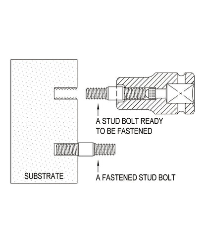 Technical line drawing showing a stud bolt assembly mounted in a substrate, with one threaded stud labeled 'A FASTENED STUD BOLT' and another labeled 'A STUD BOLT READY TO BE FASTENED'.