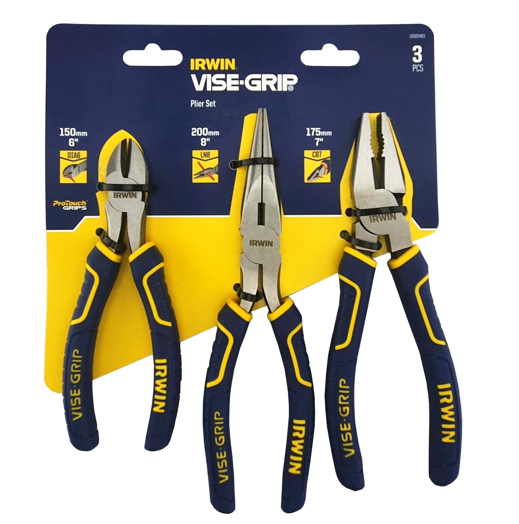 IRWIN Vise Grip 3 piece pliers set cutters long nose combi, shown in packaging