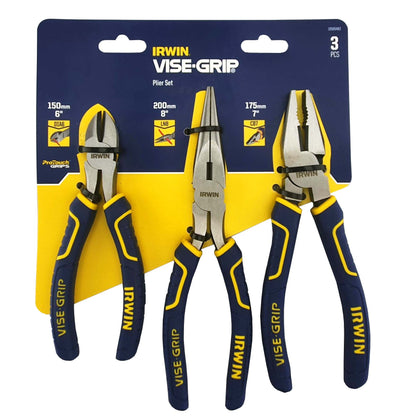 IRWIN Vise Grip 3 piece pliers set cutters long nose combi, shown in packaging