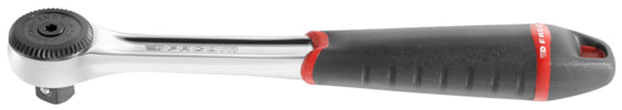 A 3/8-inch ratchet wrench with a silver metal head, black textured handle, and red accents, shown on a plain white background.  Facom Tools branded