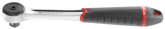 A 3/8-inch ratchet wrench with a silver metal head, black textured handle, and red accents, shown on a plain white background.  Facom Tools branded