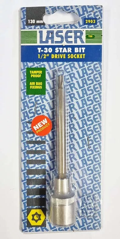 Laser Tools 2903 T30 security tamperproof Torx bit socket 1/2 inch drive 130mm long for automotive airbag retaining screws