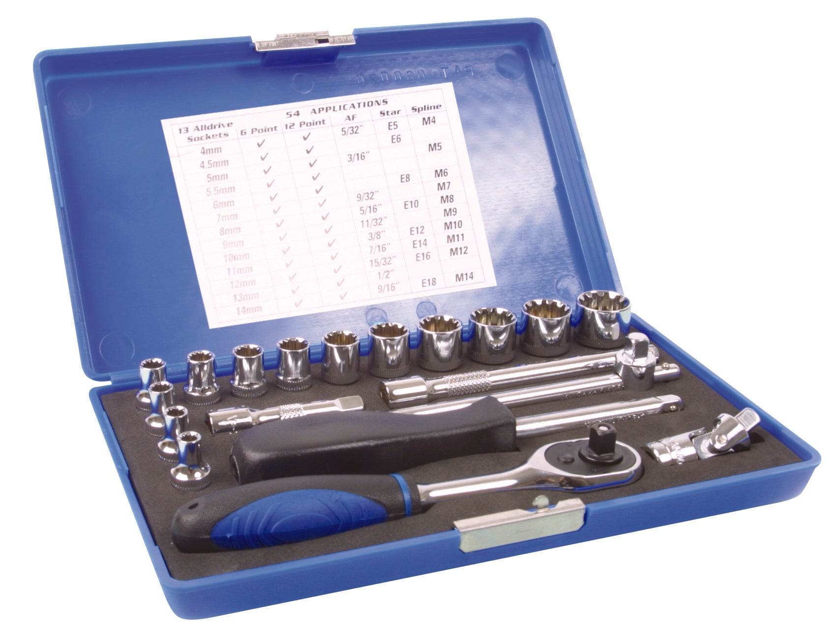 Laser Tools 14 piece "All Drive" socket set 1/4" drive with sockets, extensions, UJ and ratchet.  Supplied in storage case.