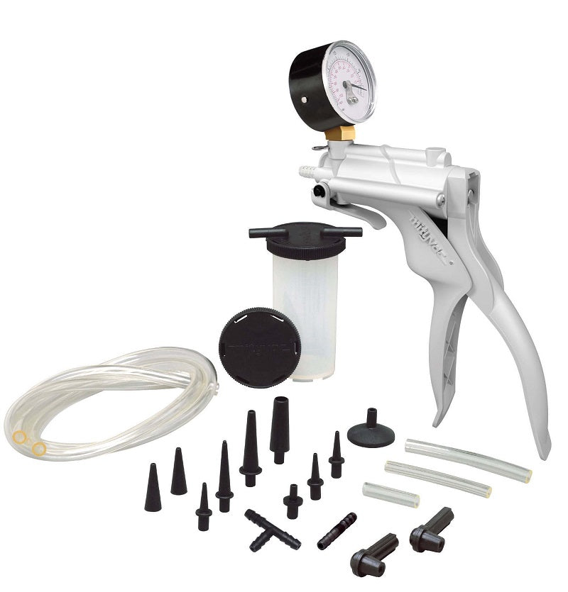 Mityvac MV8000 Selectline automotive hand vacuum pump kit with 50mm vacuum gauge 135ml fluid reservoir tubing adapters and brake bleeding accessories