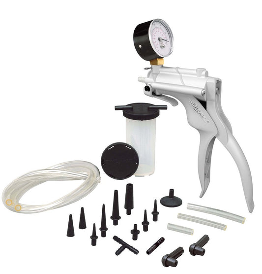 Mityvac MV8000 Selectline automotive hand vacuum pump kit with 50mm vacuum gauge 135ml fluid reservoir tubing adapters and brake bleeding accessories