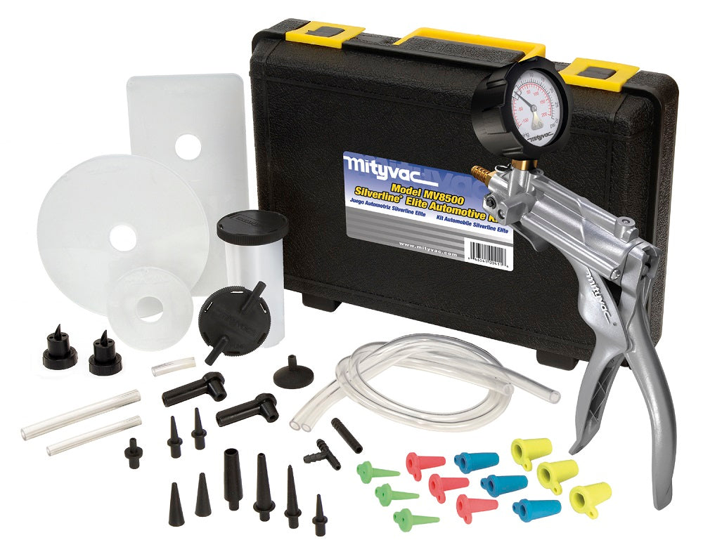 Mityvac MV8500 Silverline Elite automotive vacuum and pressure test kit with MV8510 hand pump 50mm compound gauge brake bleeder reservoir adapters and case