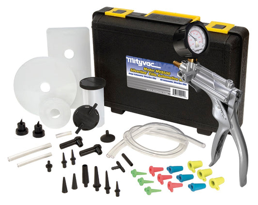 Mityvac MV8500 Silverline Elite automotive vacuum and pressure test kit with MV8510 hand pump 50mm compound gauge brake bleeder reservoir adapters and case