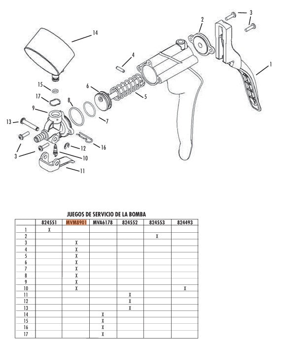 Parts diagram of Mityvac Selectline hand vacuum pump showing contents of build and maintenance kit for MV8010 and MV8030 pumps compatible with the MV8000 automotive brake bleeding kit. 