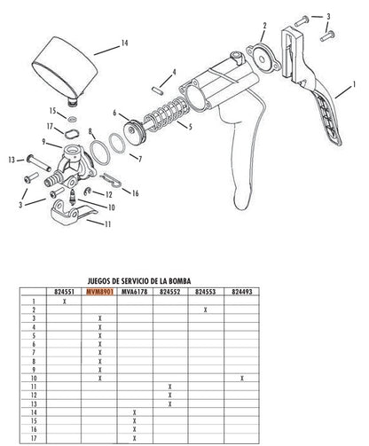Parts diagram of Mityvac Selectline hand vacuum pump showing contents of build and maintenance kit for MV8010 and MV8030 pumps compatible with the MV8000 automotive brake bleeding kit. 