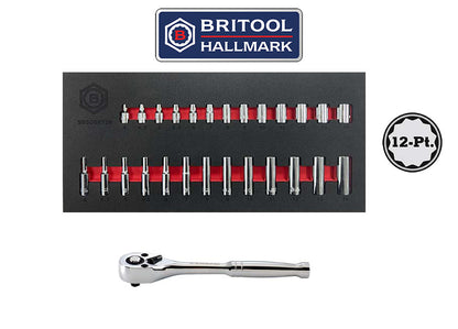 1/4" Standard & Deep Bi-Hex (12-Point) Socket Set + Ratchet Britool Hallmark