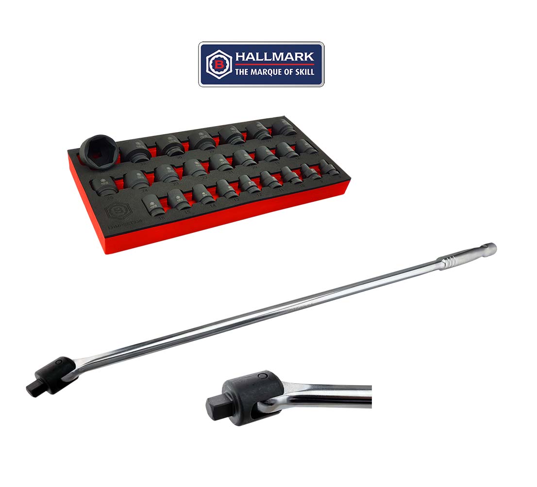 Britool Hallmark 1/2" Drive Impact Socket Set Sizes 8-36mm + Breaker Bar 750mml