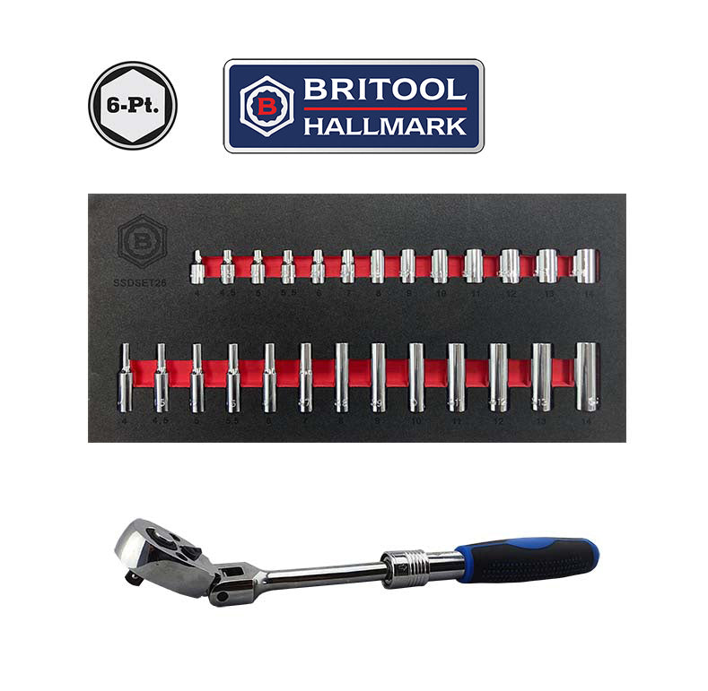 Britool Hallmark 1/4"D Standard & Deep Socket Set + Flex Head Extending Ratchet