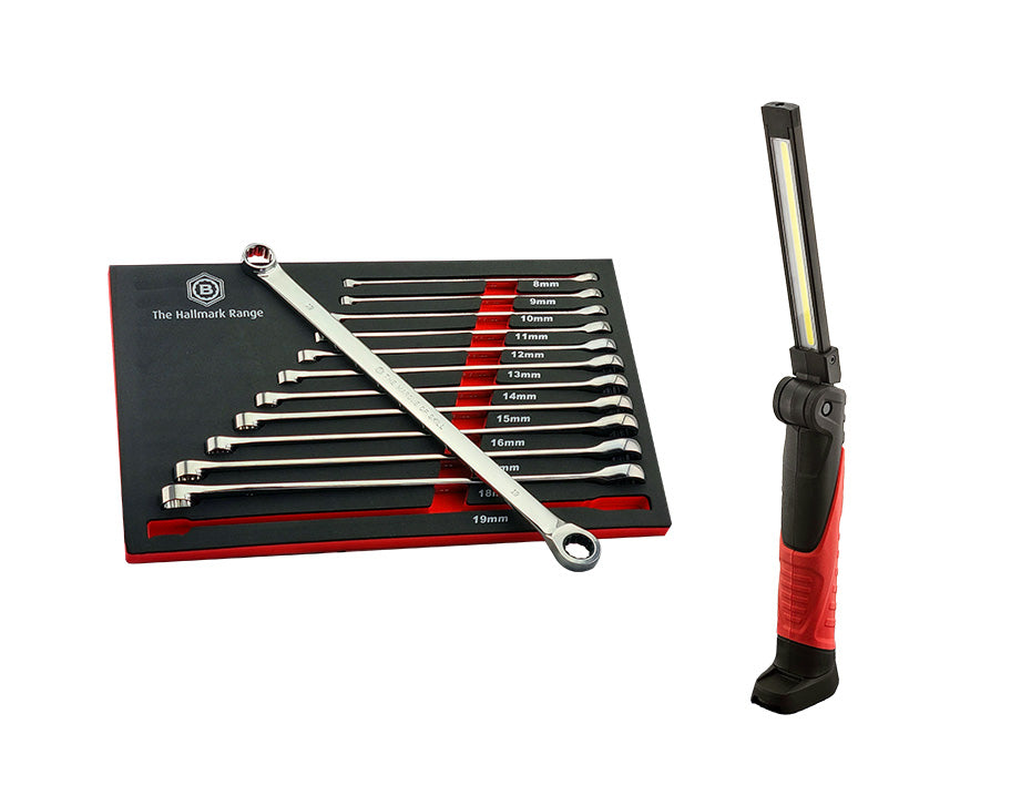 Britool Hallmark XL Ratchet Ring Spanner Set Sizes 8 To 19mm + FREE Work Light