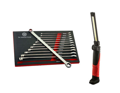 Britool Hallmark XL Ratchet Ring Spanner Set Sizes 8 To 19mm + FREE Work Light