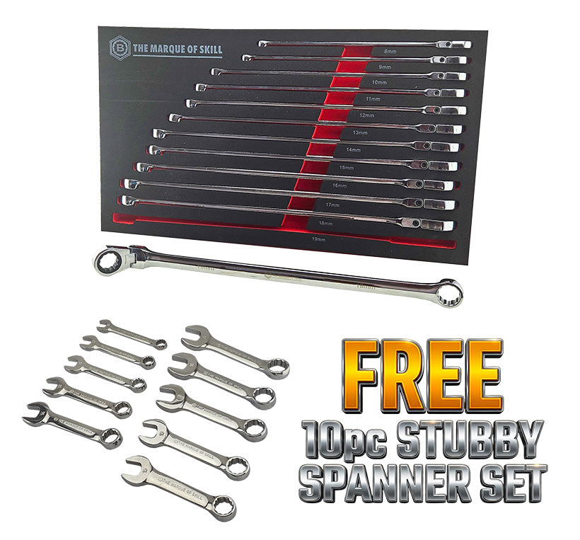 Britool 12pc Extra-Long Flat Flexi Ring Ratchet Spanner Set + FREE Stubby Wrench Set