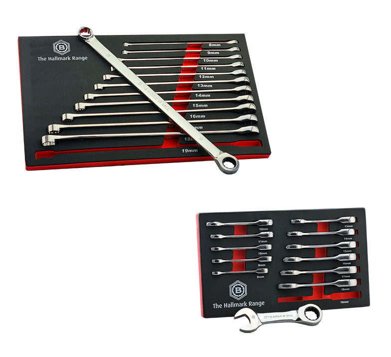 Britool Hallmark Extra-Long Double Ring Ratchet Spanner Set + Stubby Set