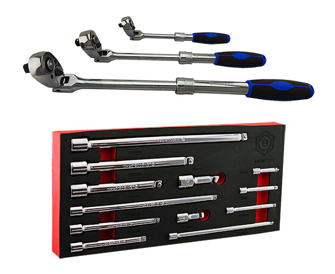 Britool Hallmark 3pc Extending Flexi Ratchet Set + Extension Bar Set