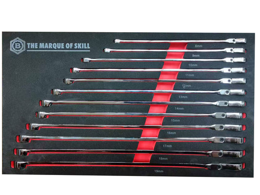 Set of flexi ratchet wrenches in a black tool foam with 'The Marque of Skill' branding from Britool Hallmark.