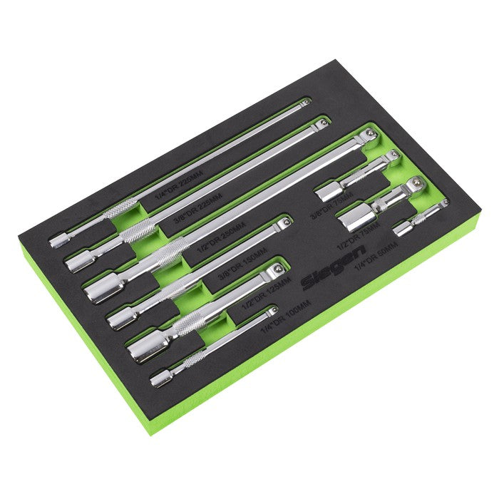 Set of chrome socket extension bars in a black and lime green tool control foam.  Showing Siegen tools branding.