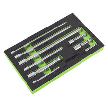 Set of chrome socket extension bars in a black and lime green tool control foam.  Showing Siegen tools branding.