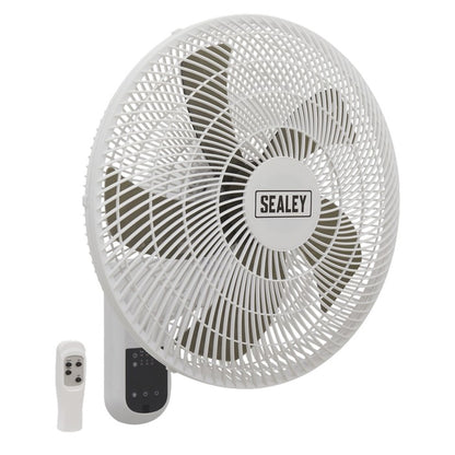 White Sealey wall-mounted fan with remote control on a white background