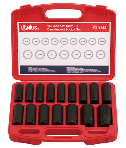 16 Piece 1/2"SD AF Deep Hexagon Impact Socket Set In Case From Genius Tools