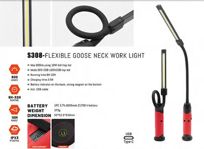 Rechargeable Flexible Magnetic Work Light – 800 Lumens with Torch Function